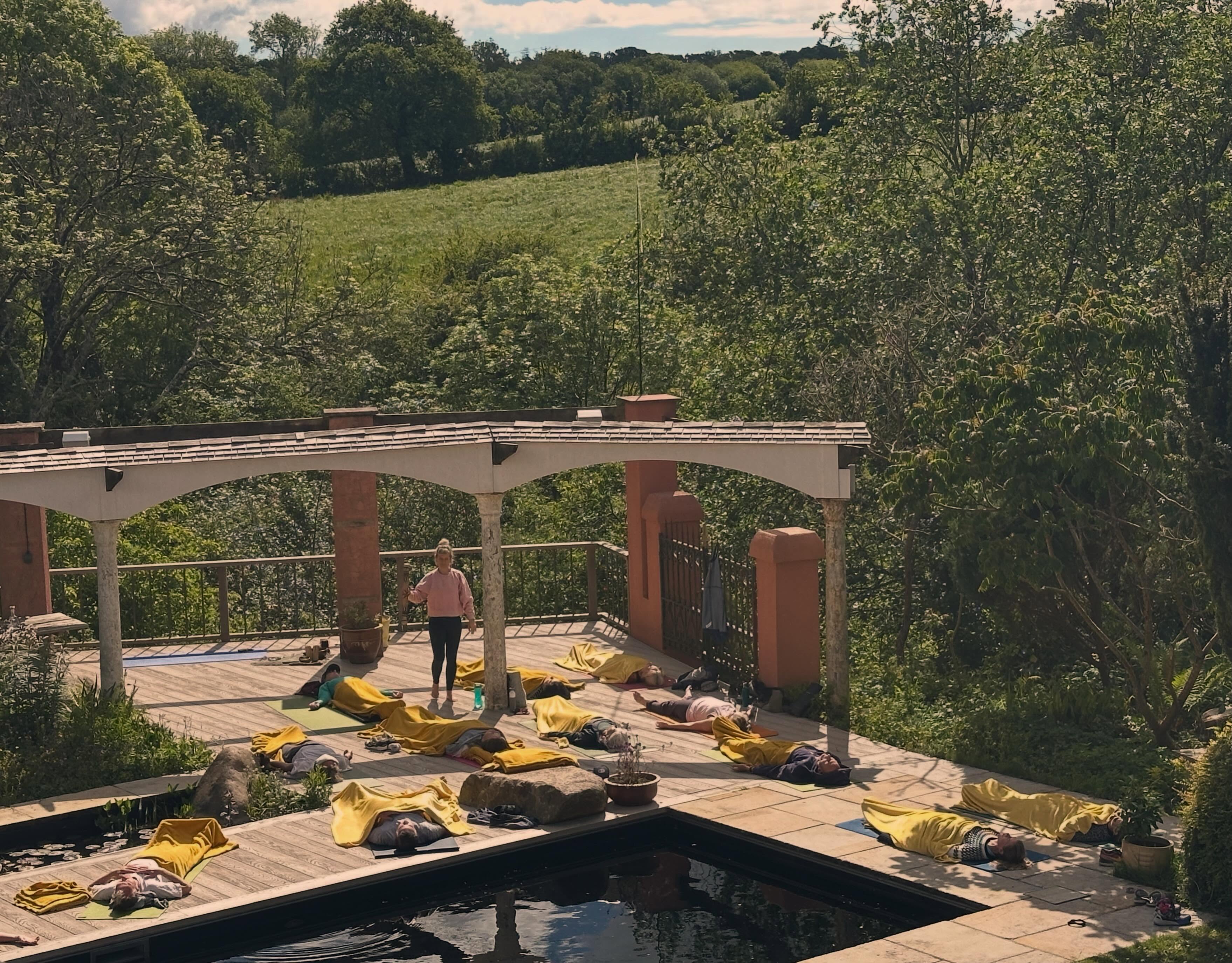 Yoga class on the outdoor deck